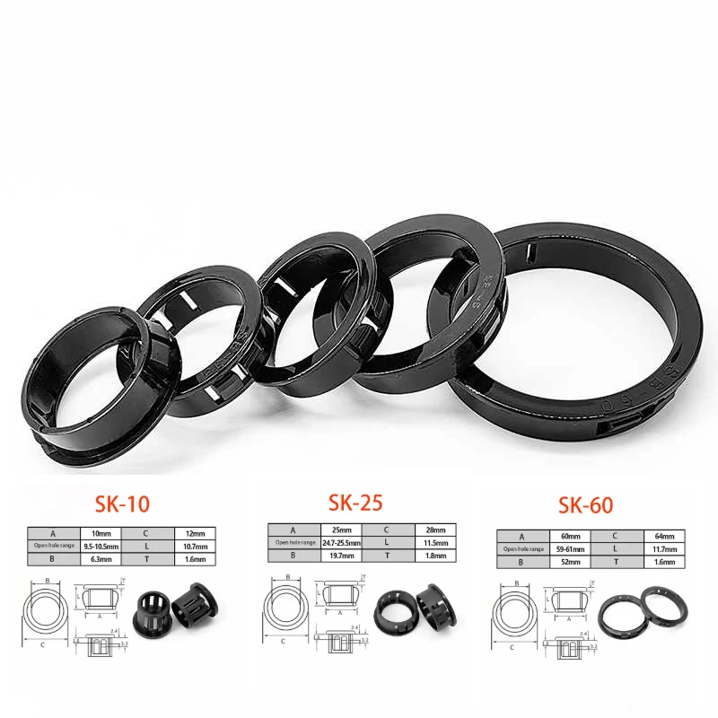 10-100Pcs SK8-SK60 Black Round Nylon Sealing Plug Protector Buckle Protective Ring Computer Wire Inlet&Outlet Hole Cover