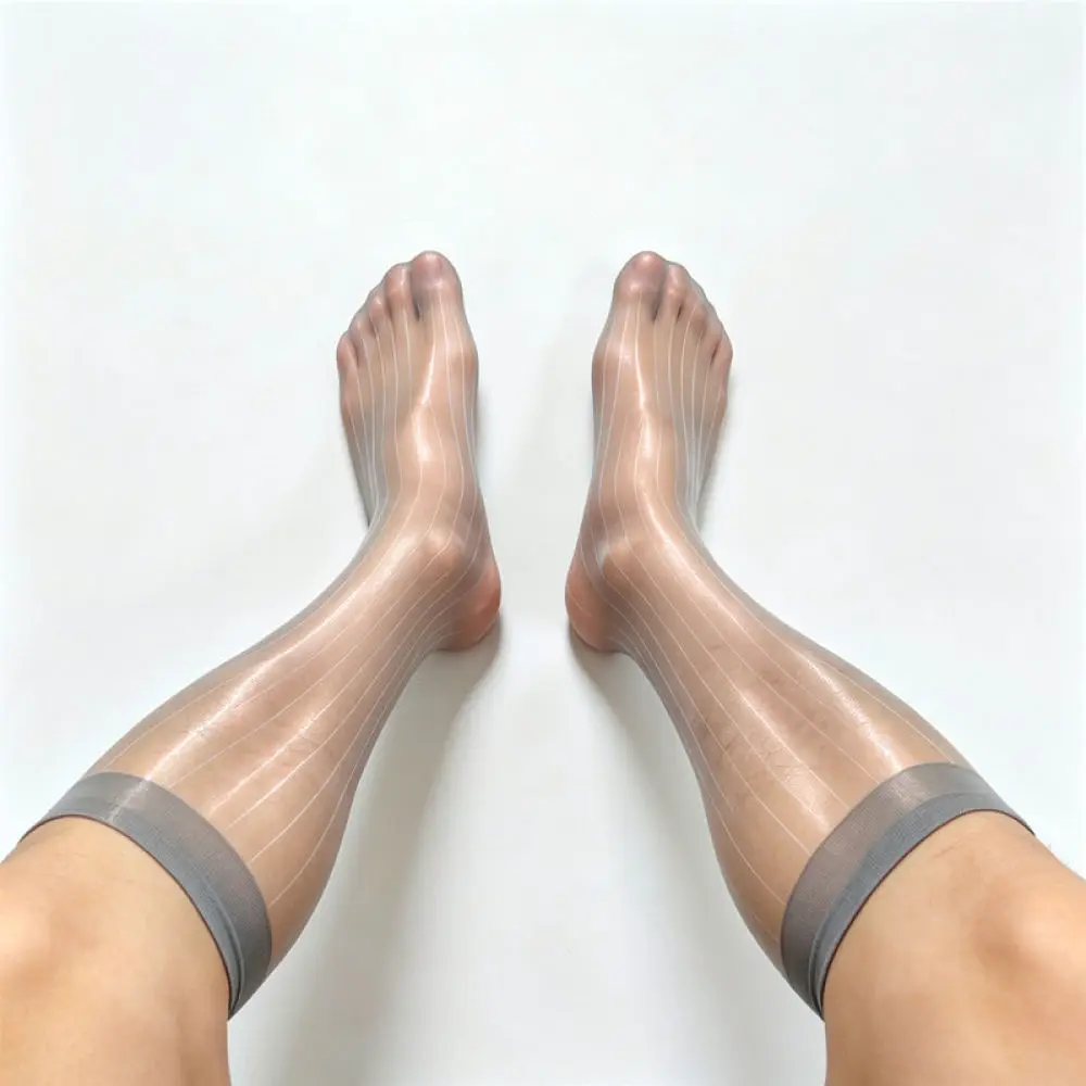 For For Muben Gentleman Mens Long Silk Dress Hosiery Ultra Thin Nylon Socks Striped Texture Aurora Reflective Business Style