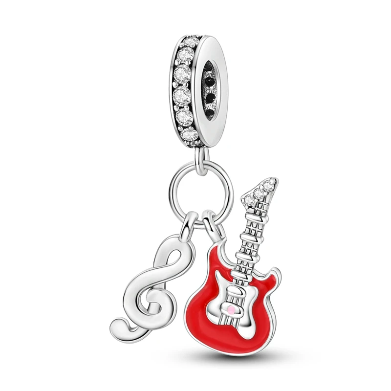 Classic 925 Sterling Silver Cool Red Guitar Notes Double Charm Fit Pandora Bracelet Women's Music Party Jewelry Accessories