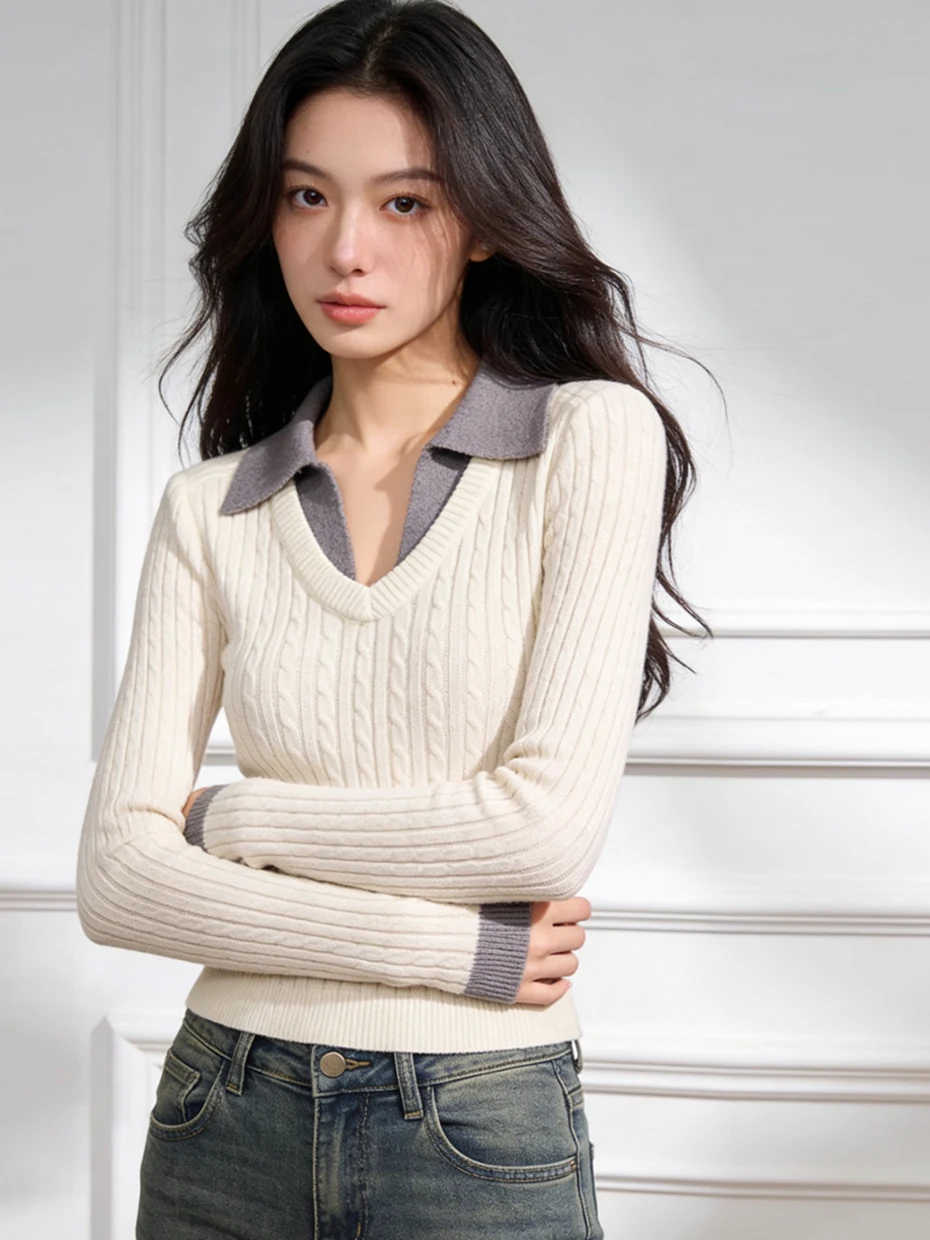 

Retro Color Block Neck Knitted Sweater Women's Early Spring College Style Slim Fit Long Sleeve Base Top City Walk Date