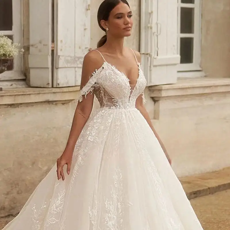 Lindo apliques brilhante a linha vestido de casamento sexy querida sem costas miçangas cintas de espaguete vestido de noiva vintage personalizado