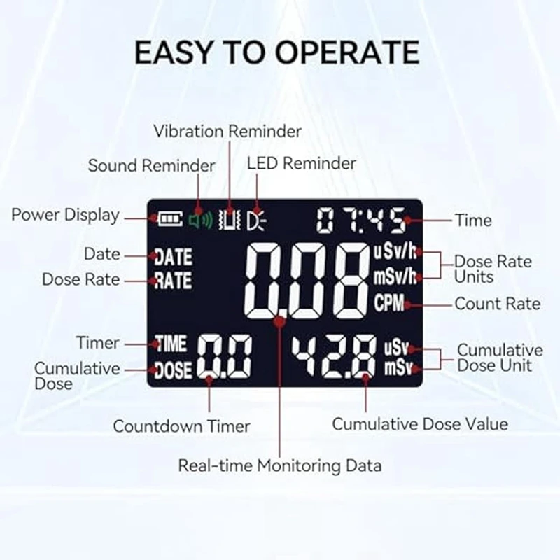 Rilevatore di radiazioni nucleari-dosimetro di radiazioni con Display LCD, misuratore di radiazioni ricaricabile a raggi X Beta Gamma durevole