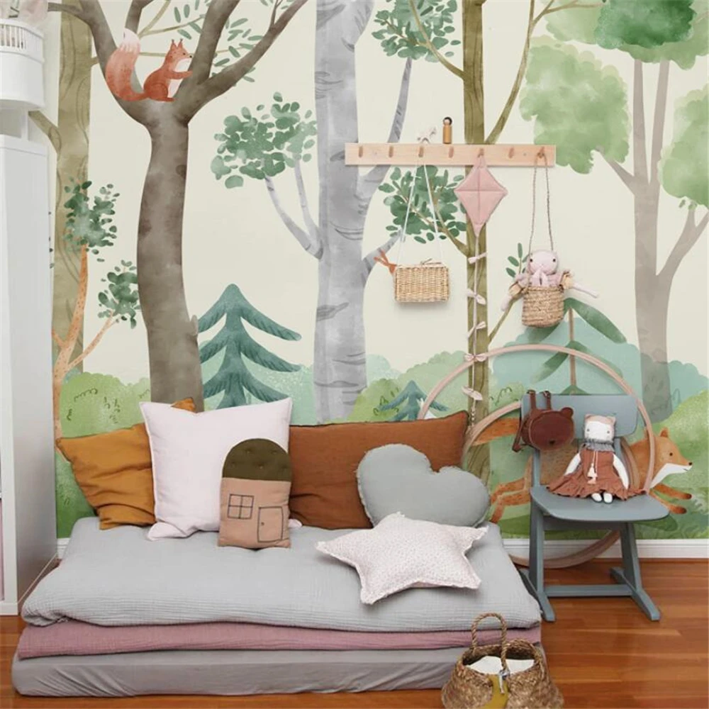 Custom Nordic Watercolor Forest Plants Cartoon Animals Wallpaper for Children\'s Room Boys wallpapers home decor wall decorations