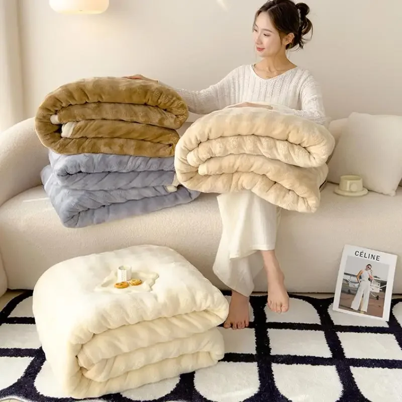 1PC Thick Plush Blanket Rabbit Faux Fur Bubble Fleece Winter Double-Sided for Office Nap Sofa Cover Kpop Blankets Bed
