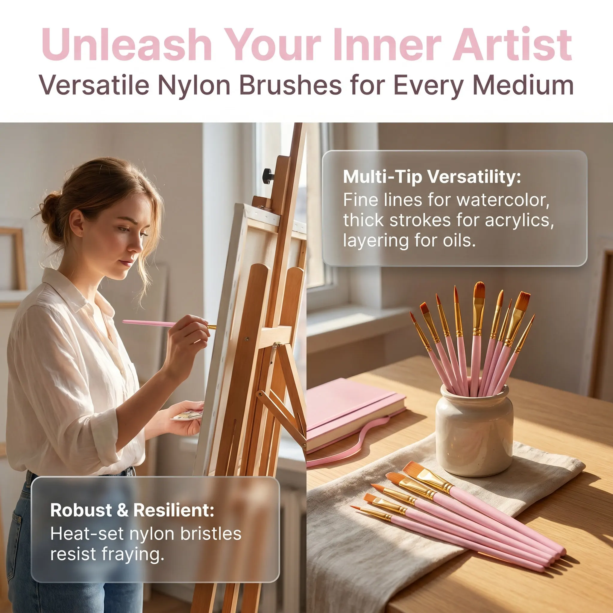 10Pcs Artist Paintbrushes Wooden Handle Nylon Hair Multipurpose Watercolor Oil Acrylic Gouache Painting Tools Oil Painting Brush