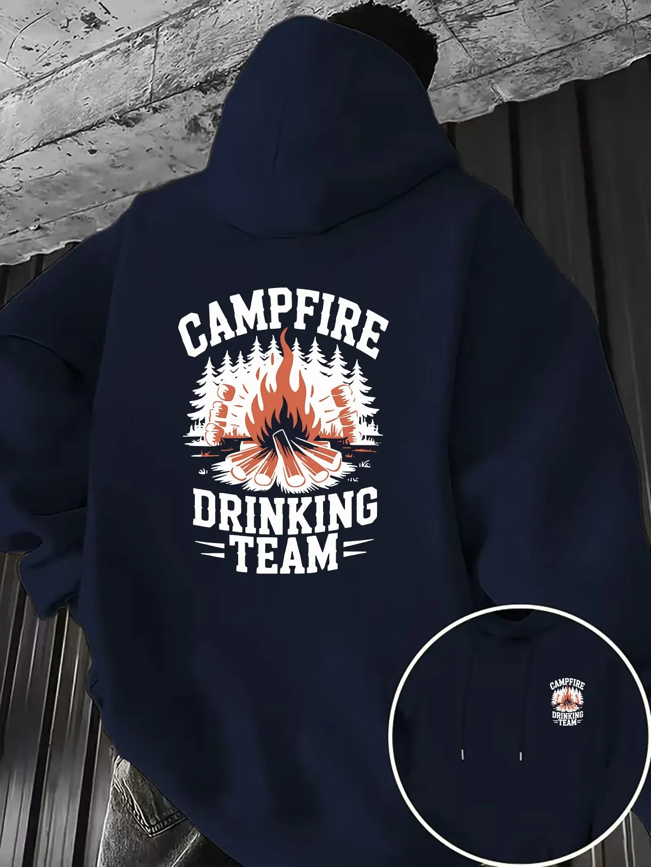 Men Camper Theme Hoodie Campfire Drinking Team Forest Bonfire Dual‑Position Print Hooded Sweatshirt Loose Fleece Hoodie