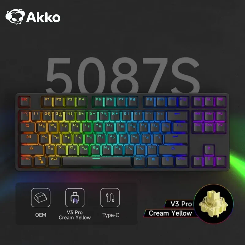 

Akko 5087S Black Russian Keyboard ANSI 75% 87 Keys OEM Profile RGB Backlit USB Type-C Wired Keyboard for Office Gaming