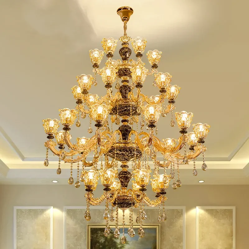 for European Villa Living Room Large Chandelier for Duplex Building Hollow Staircase Light Atmospheric Luxury Crystal Retro