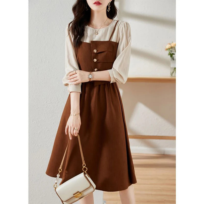 Spring Autumn Fake Two Pieces Pleated Buttons Robe Femme Long Sleeve Elegant Fashion Patchwork Vestido Women Casual A-line Dress