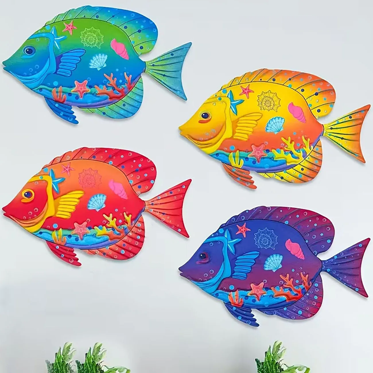 4Pcs Colorful Tropical Fish Wooden Wall Stickers With Double Sided Nano Tape, Ocean Style Living Room Wall Decor Ornament