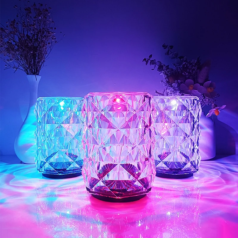 Diamond Rose LED Crystal Table Lamp 3/16 Colors Dimmable Touch USB Projector Lamp Atmosphere Bedroom Bedside Decor Night Lights