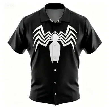 Men's Button-up Shirt, Black and White Patterned Printed Short-sleeve Casual Top