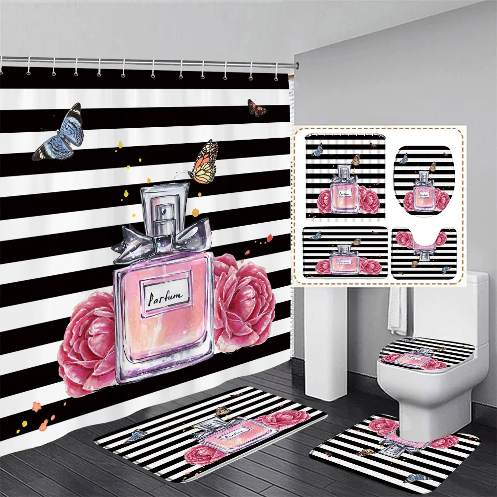 Fashion Perfume Shower Curtain Set Pink Flowers Butterfly Black White Stripe Girls Home Bathroom Decor Bath Mat Toilet Lid Cover