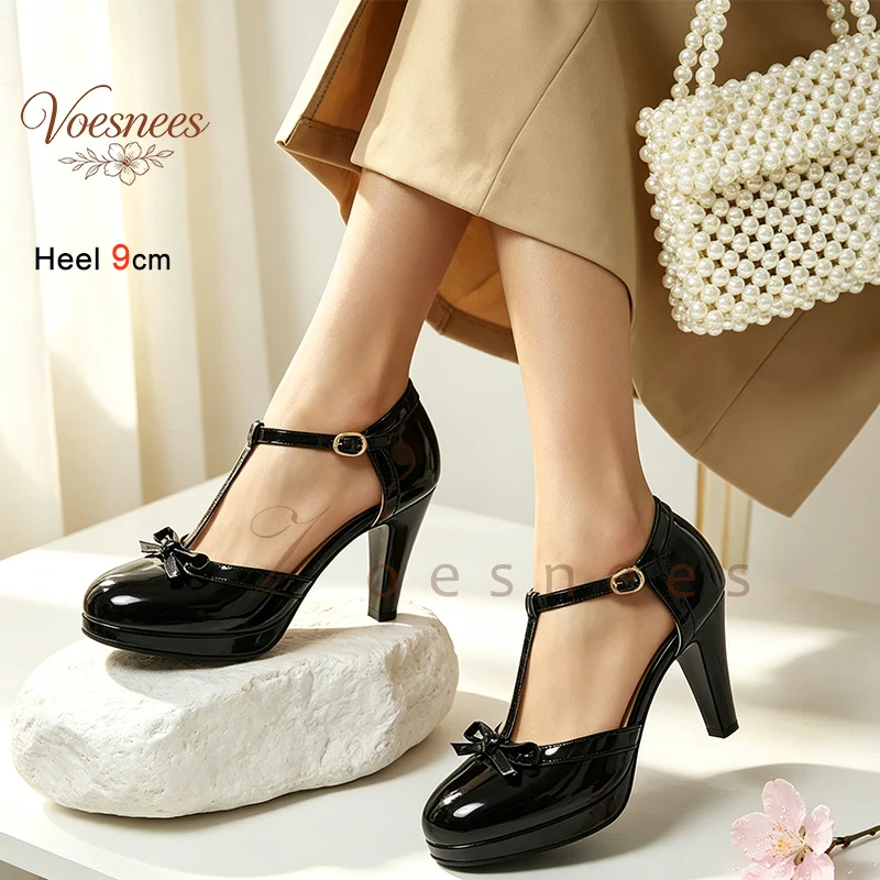 

Women Black Patent Leather T-Strap High Heels Bow Platform Jane Pumps Stiletto Ankle Buckle Wedding Dress High Heeled Sandals