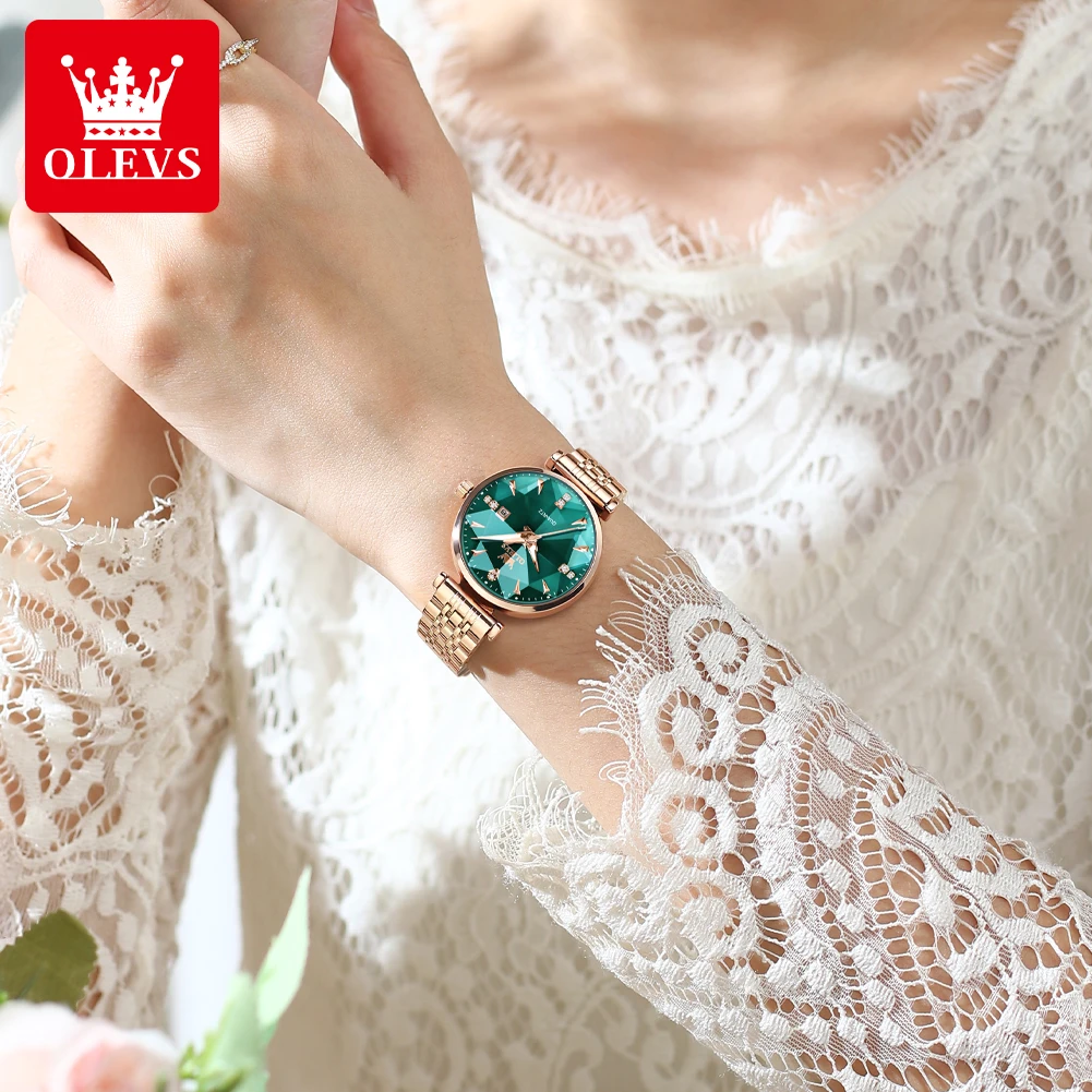 OLEVS jam tangan wanita Quartz berlian merek mewah 5536, jam tangan wanita tahan air emas mawar elegan modis