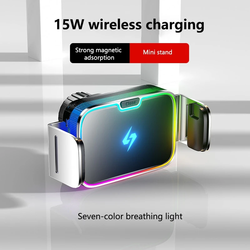 15W Magnetic Wireless Car Charger Holder Strong Magnet Suction Cup Mount Mini Inline Design with RGB Ambient Light for Car Vent