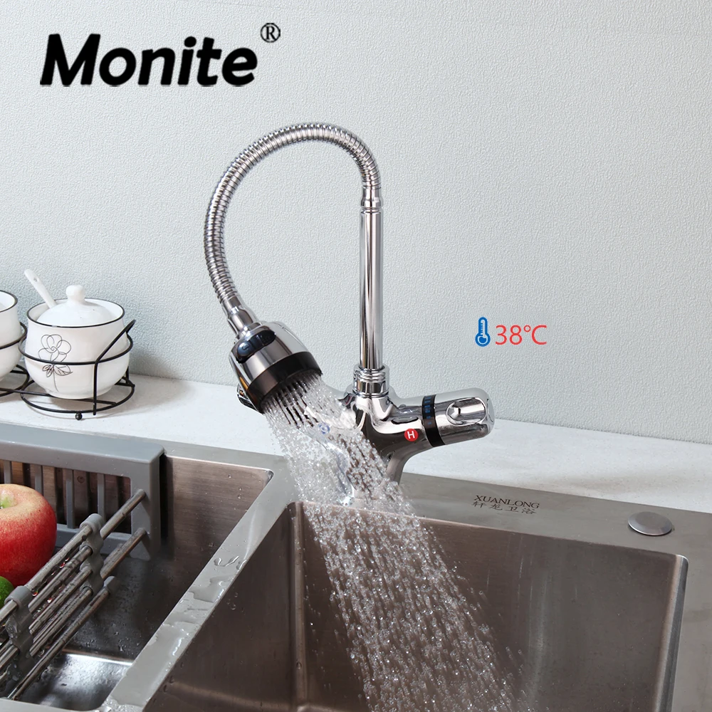 Monite Kitchen Sink Faucet Chrome Finished Rainfall & Column Water Swivel Spout Deck Mount Thermostatic Control Basin Mixer Tap