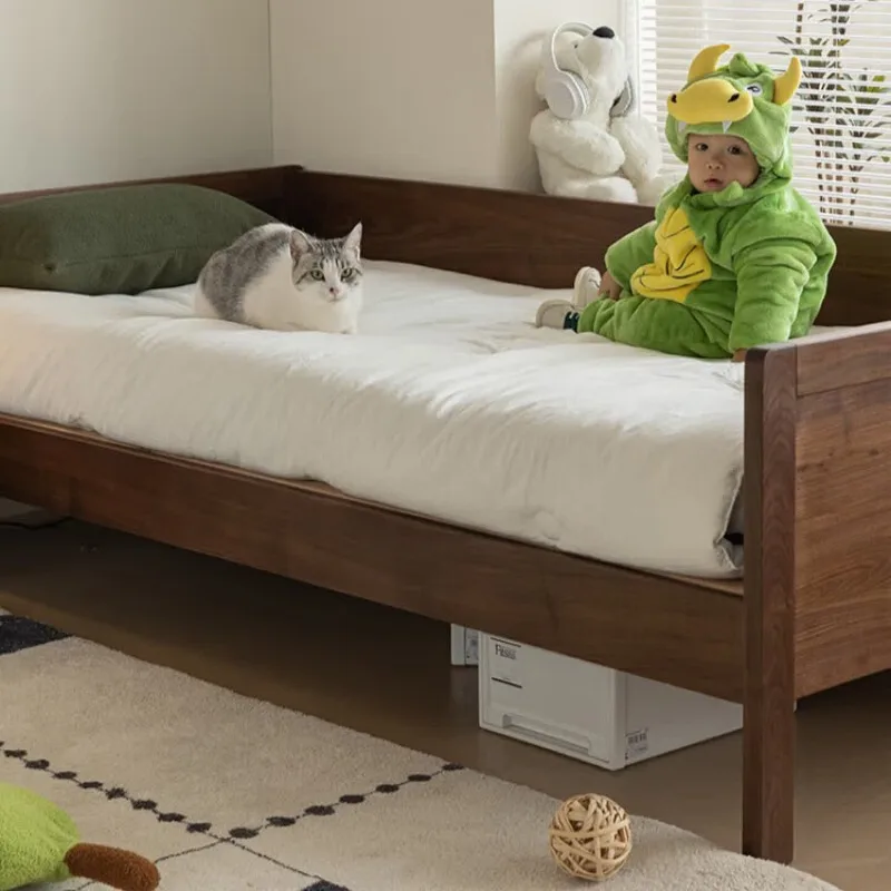 Solid wood bed, North American black walnut log modern minimalist single bed with guardrail