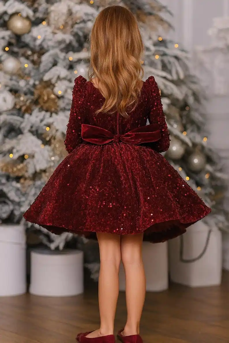 Vestido de fiesta infantil con lentejuelas color burdeos, elegante traje navideño para niñas, vestidos de niña de flores para bodas, vestido de princesa de noche