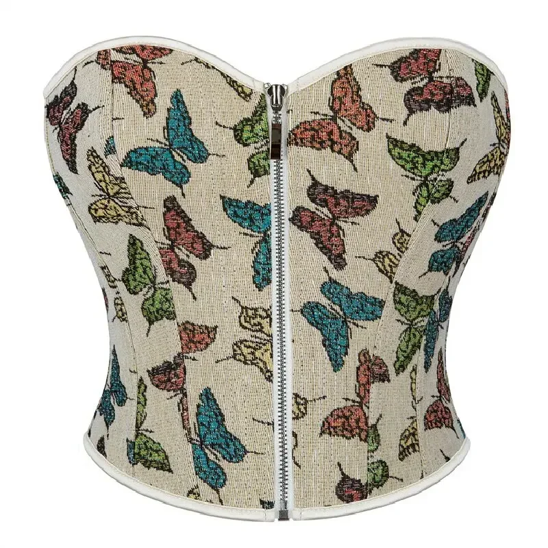 Women's Apricot Butterfly Print Pattern Crop Top Zipper Vintage Overbust Corsets Sexy Fashion Summer Lingerie Slimming Bustiers