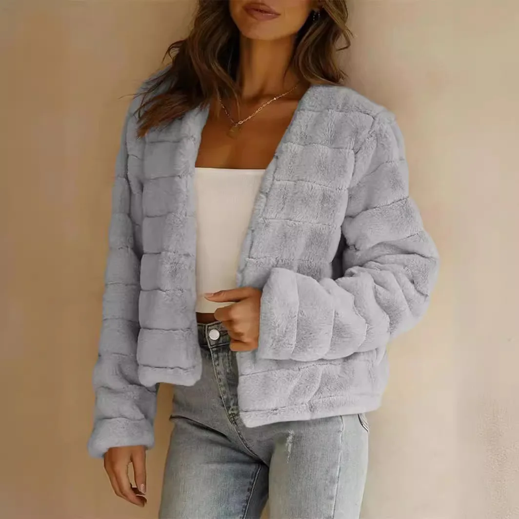 Women's Short Faux Fur Jacket Long-sleeved Front Placket Fluffy Women's Clothing Simple and Versatile Plush