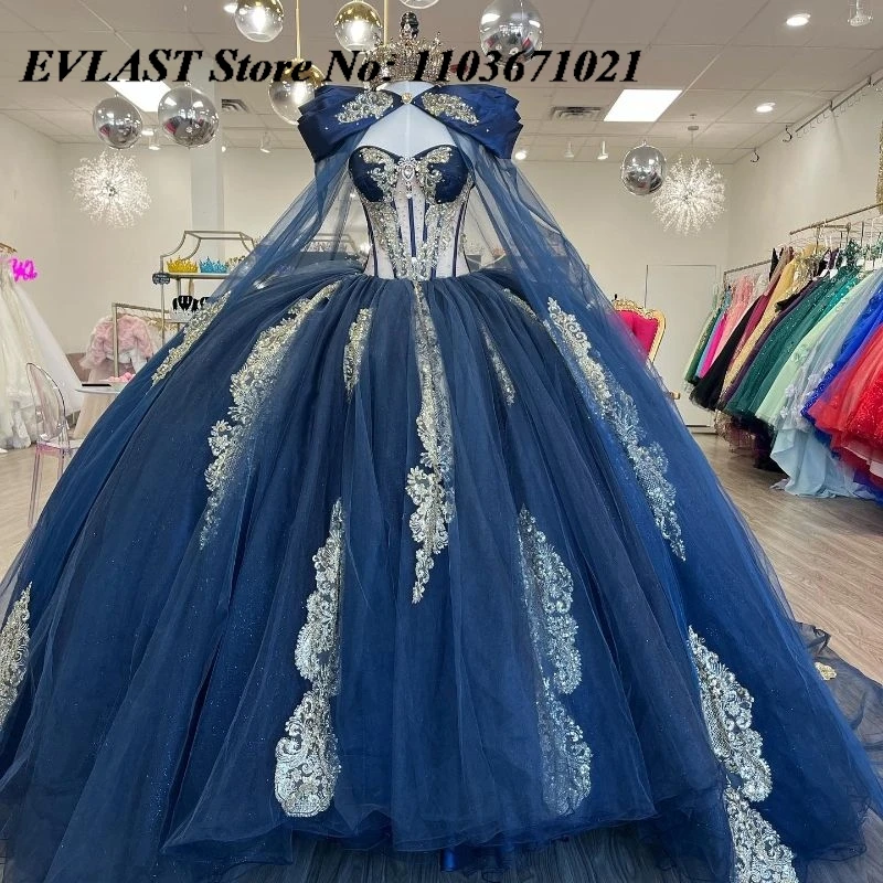 EVLAST Индивидуальное темно-синее бальное платье Quinceanera с золотой кружевной аппликацией и бисером с накидкой Sweet 16, Vestidos De XV 15 Anos SQ7