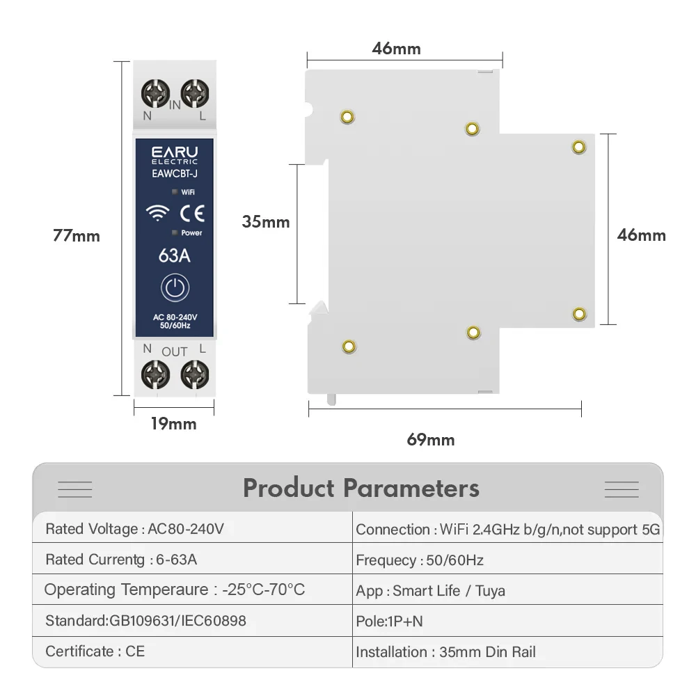 Tuya WiFi Smart Circuit Breaker MCB 1P+N 63A Timer Power Energy kWh Voltage Current Meter Protector Voice Remote Control Switch