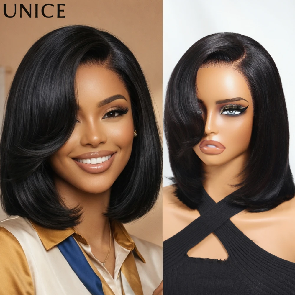 

UNice 7x5 Lace Side Part Layered Bob Wig With Side-Swept Bangs Pre Cut Pre Bleached Glueless Wig Human Hair 150% Density