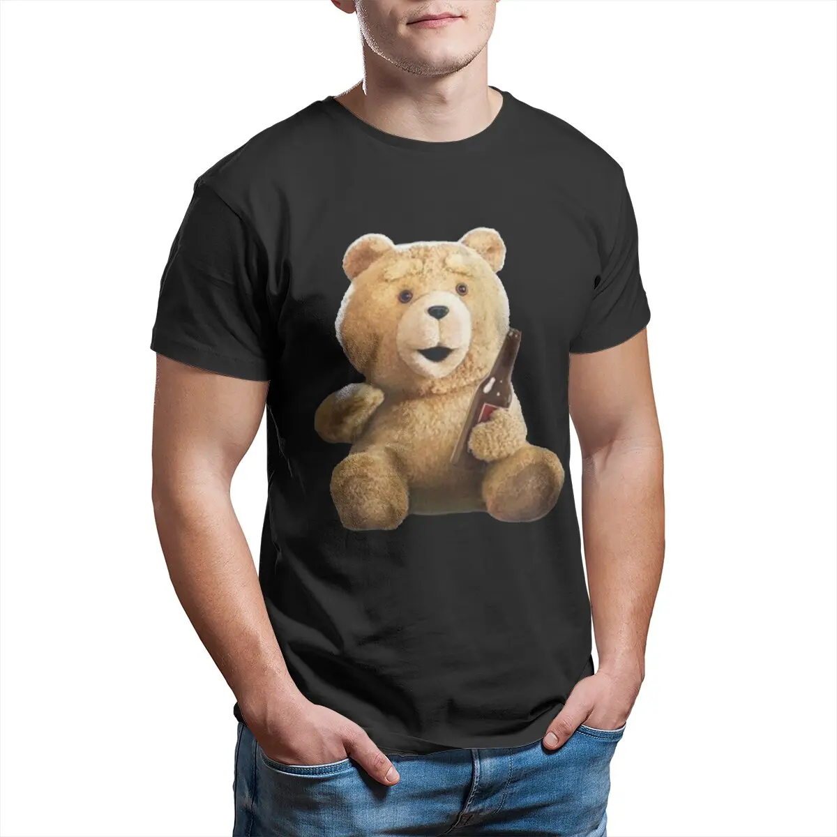 Teddy Bear Ted T Shirt for Men Pure Cotton Novelty T-Shirt Crew Neck Cartoon Drink Beer Tee Shirt Short Sleeve Clothes Plus Size