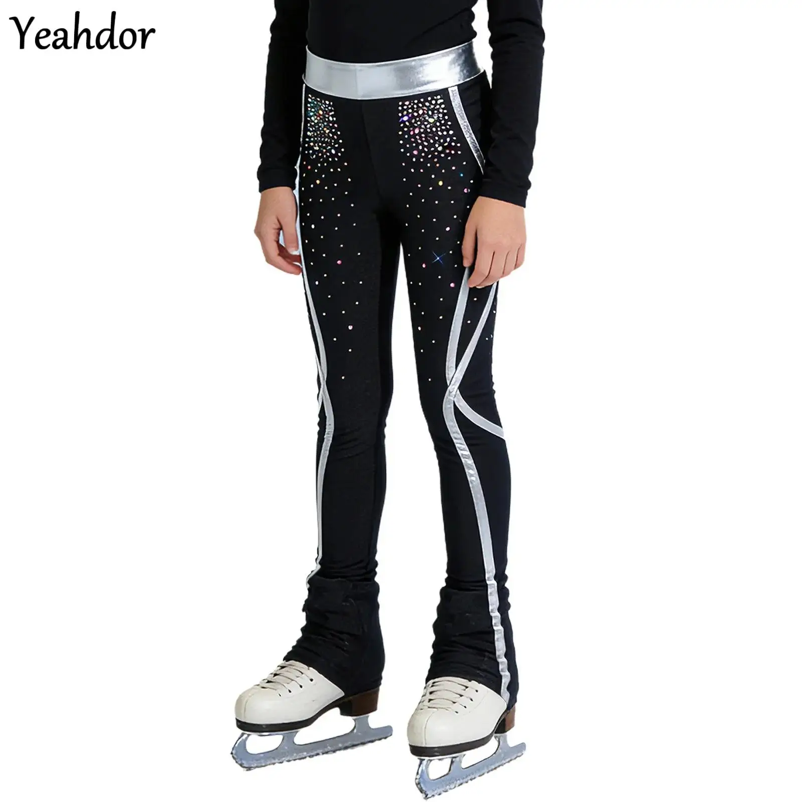 

Teen Girls Rhinestones Figure Skating Leggings Pants High Elastic Ballet Gymnastics Training Trousers Metallic Lines Tights Wear