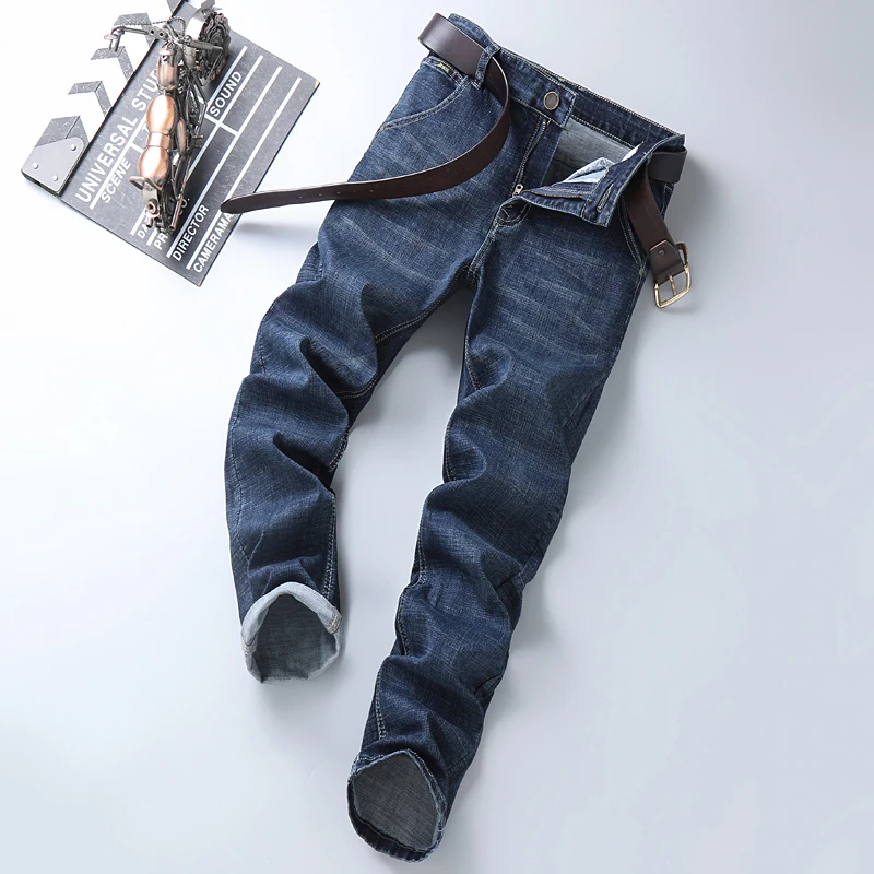 Brand Business Men's Jeans Straight Stretch Slim Casual Fit Trousers Classic Work Leisure Elastic Zipper Denim Man Pants