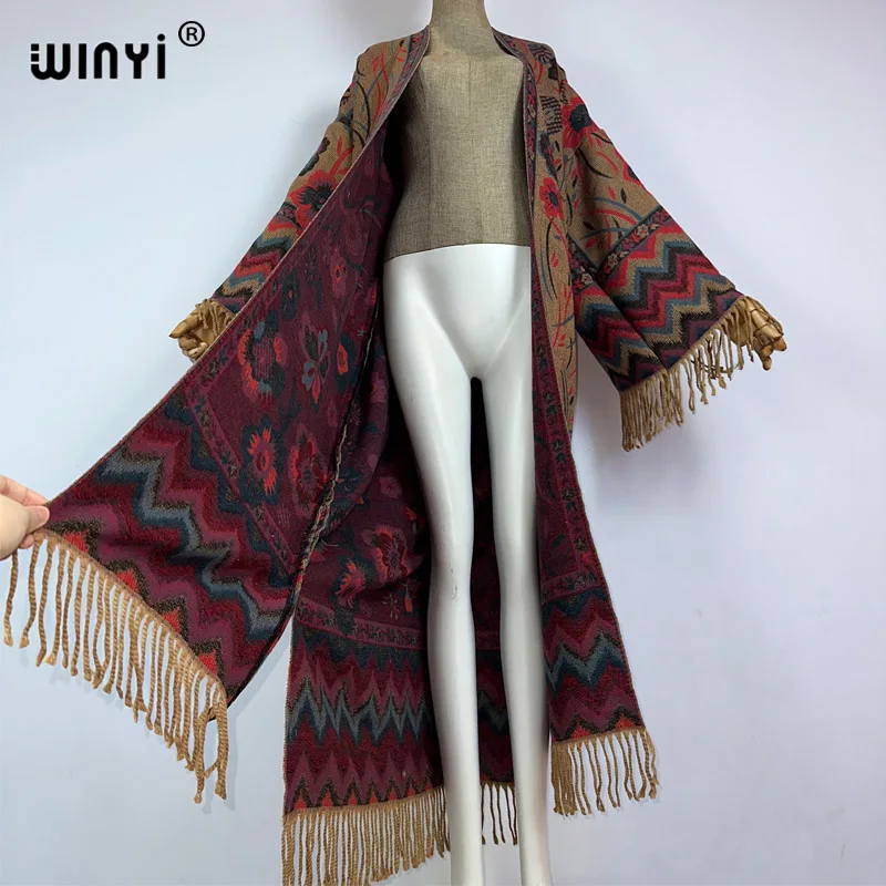 WINYI-Casaco de luxo longo para mulheres, casaco de passarela, borla estampada, casaco grosso, jaqueta quente, moda, inverno, outono