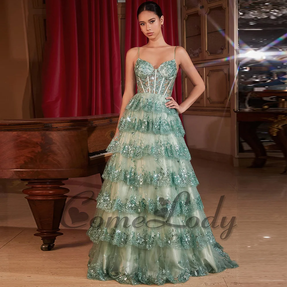 Comelody luxury Prom Spaghetti Straps Dresses for Women Saudi Arabric Illusion Appliques Layered Tiered Gown Plus Custom Made