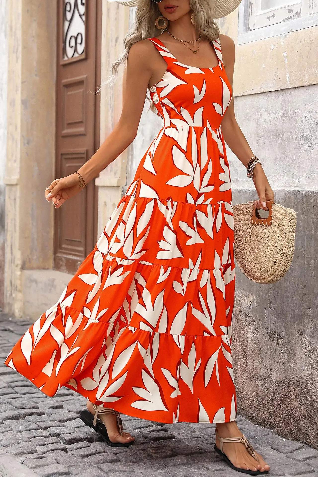 Women's Leaf Print Tank Dress, Boho Fashion Casual Ruffle Trim Long Dress for Beach Holiday Vacation, Ladies Summer Clothes