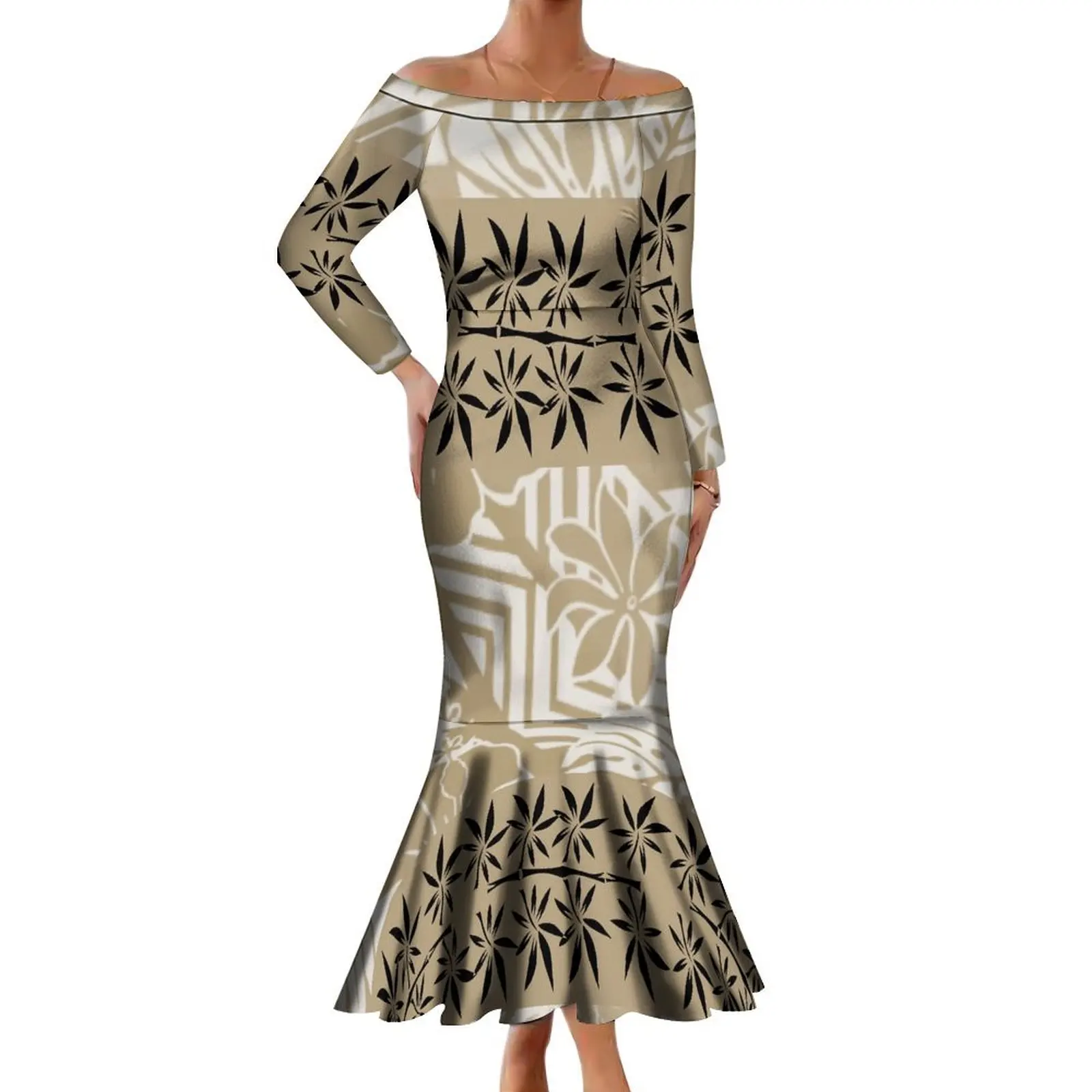 

2024 New Women'S Off-The-Shoulder Long Sleeve Dress Samoa Fishtail Dress Banquet Evening Gown Polynesian Tribe Custom Print