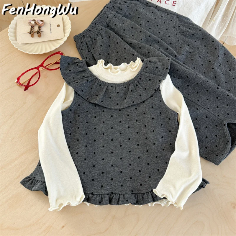 

Baby Girl Outfit2025Spring and Autumn New Children's Stylish Lace Polka Dot Vest Wide-Leg Pants Three-Piece Set