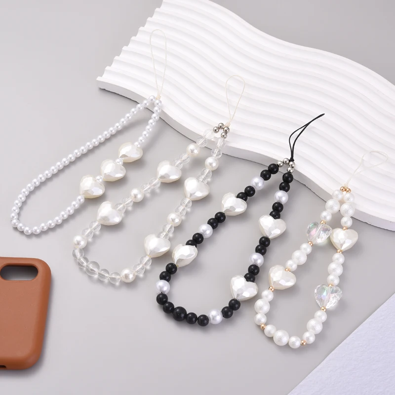 Fashion Acrylic Pearl Mobile Phone Chain Women Girls Round Heart Shape Beaded Telephone Lanyard For Anti-Loss Cellphone Jewelry