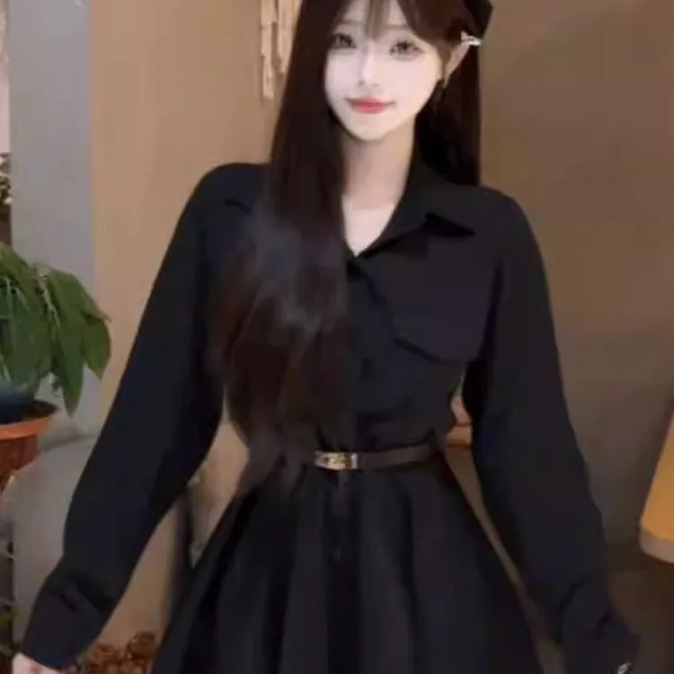 Korean Style  Collar Long Sleeve Shirt Dress Women's Autumn New Design Slimming A-Line Short Skirt Comfortable Breathable