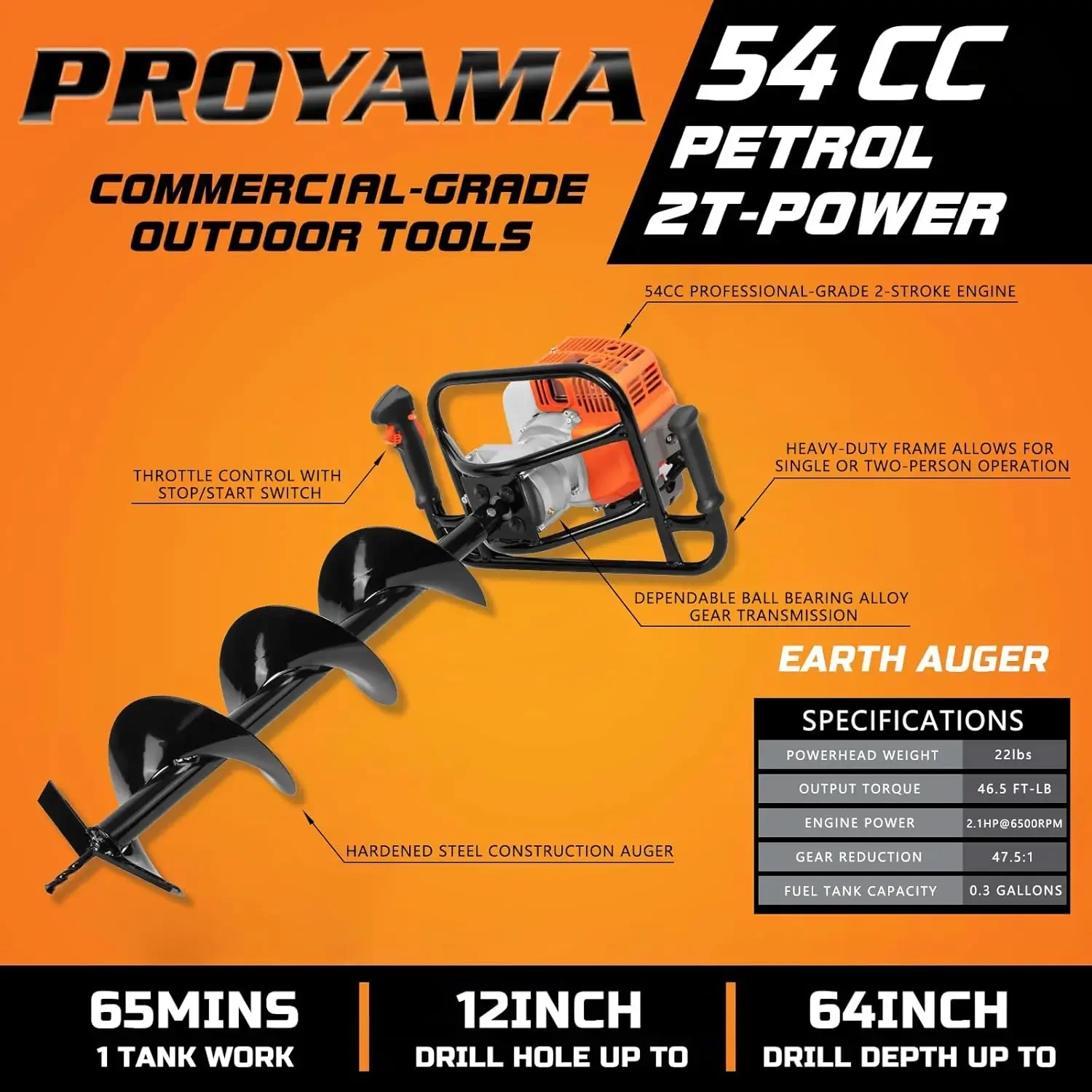 54cc Post Hole Digger Gas Powered 2 Cycle Earth Auger, 5-Year Warranty Gear Box, 4 Drill Bits 4