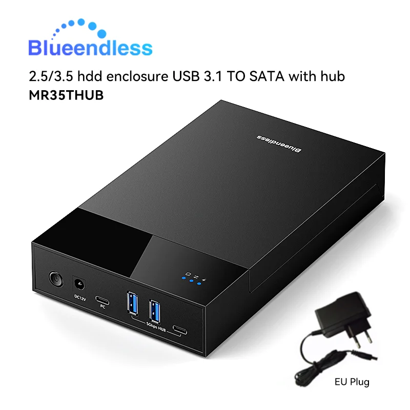 Blauwendeloos 2,5/3. 5 HDD/SSD-behuizing met USB3.0 HUB-ondersteuning 18 TB TYPE C NAAR SATA Adapter gereedschapsvrije HDD-behuizing met 12V Power ada