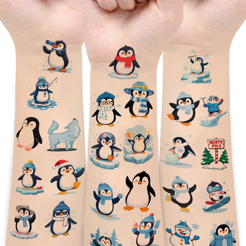 54pcs Temporary Tattoo Winter Stickers Cartoon Penguin Stickers Snowman Stickers For Women Shoulders Adults
