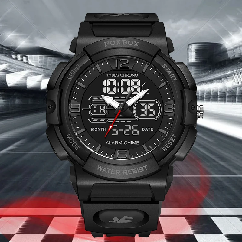 Novo foxbox relógio eletrônico masculino moda à prova dwaterproof água luminosa quartzo alarme semana casual esporte data automática duplo display digital relógios