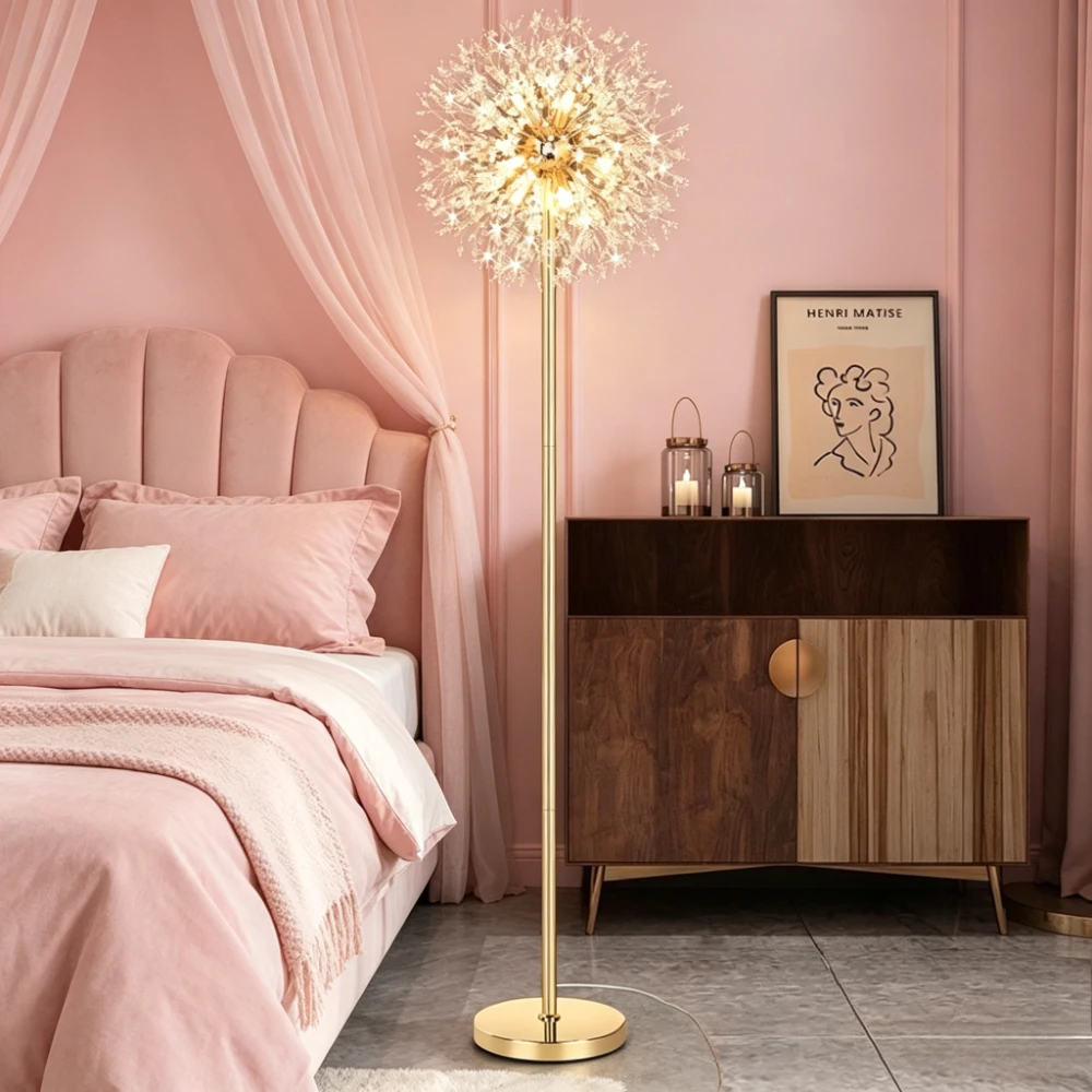 Nordic Modern Dandelion Crystal Floor Lamps Starry Sky Living Room Standing Lights Bedroom Beside Lustre Study Led Lighting