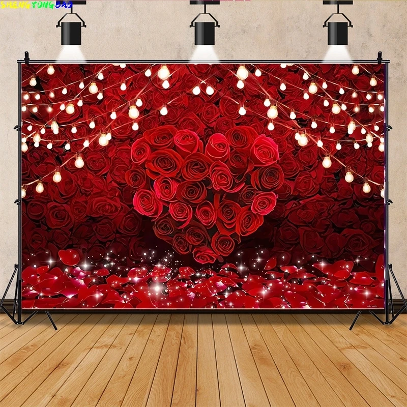 

Vinyl Custom Pink Bokeh Valentine's Day Photography Backdrops Prop Anniversary Glamorous Red Rose heart Shaped Background AL-23