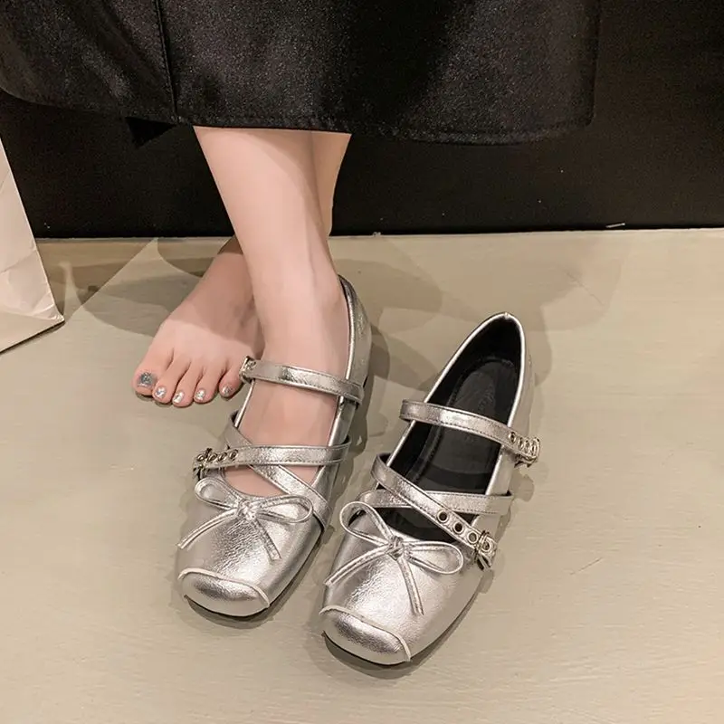Silver Elevating Mary Janes Women's Shoes Spring Summer  Knot Flat Heels Synthetic Leather Comfortable Fashionable
