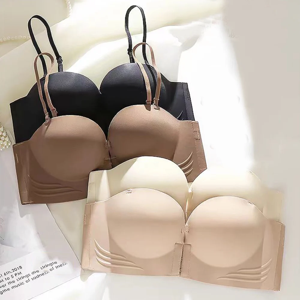 Sutiã sem alças sexy sem costura para mulheres, sutiã invisível, sutiãs antiderrapantes, fivela frontal, peito pequeno, push up, lingerie feminina sem fio, roupa íntima