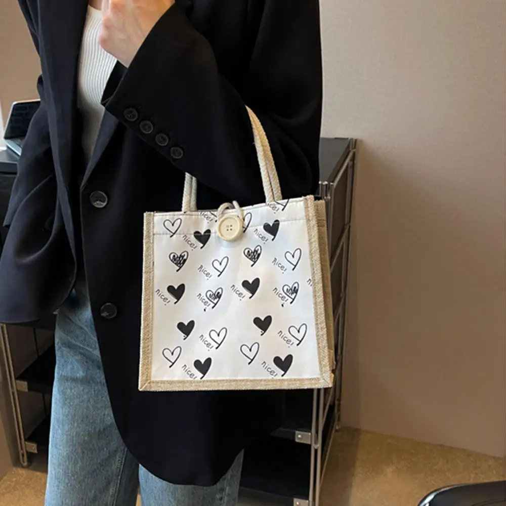 Iskybob Liebe Leinen Handtasche Frauen große Kapazität Bento Lunch Bag kosmetische Aufbewahrung tasche Knopf Reiß verschluss Einkaufstasche Einkaufstasche