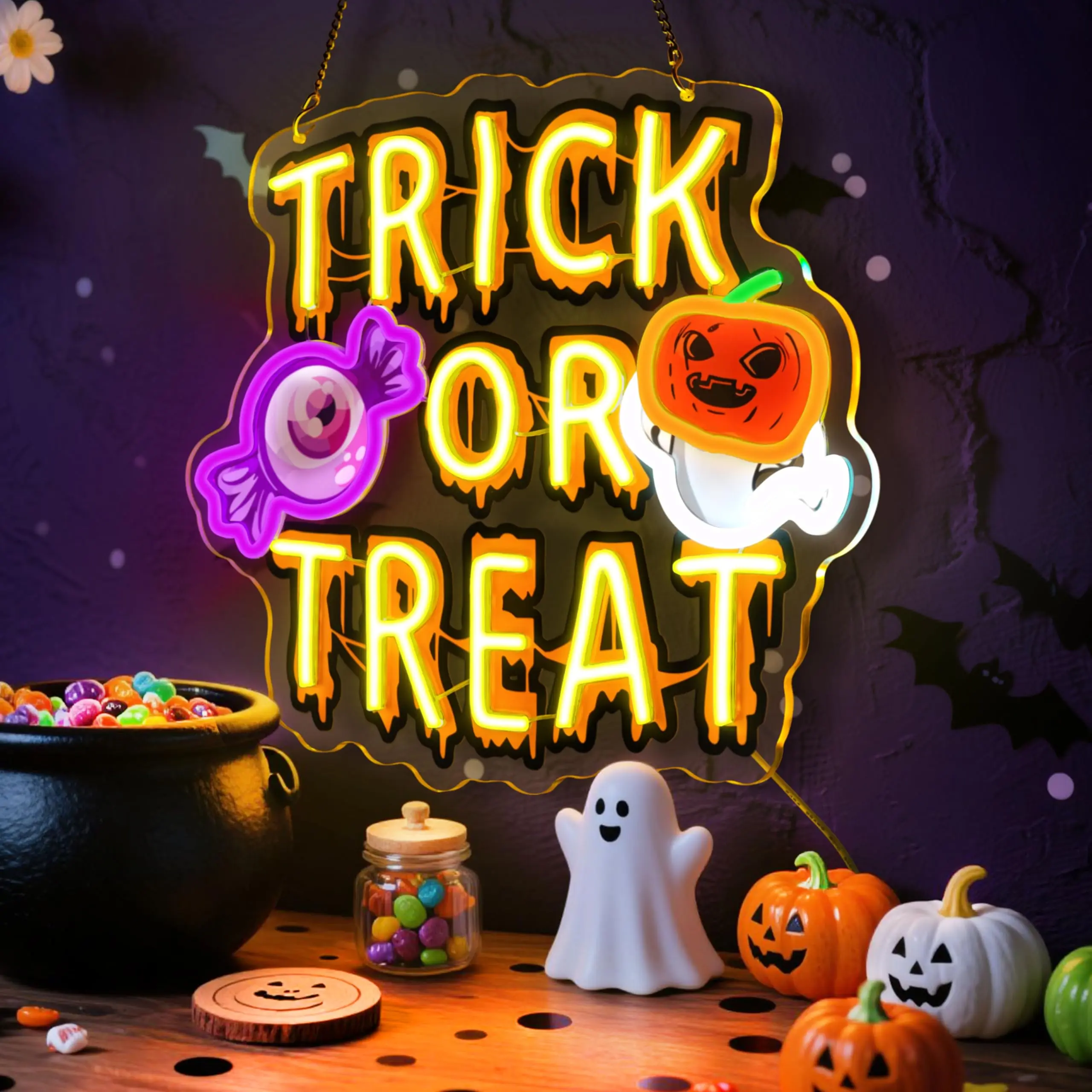 Trick or Treat LED Neon Sign for Wall Decor Halloween Party Spooky Room Bar Window USB Dimmer Switch UV Printed Wall Sign
