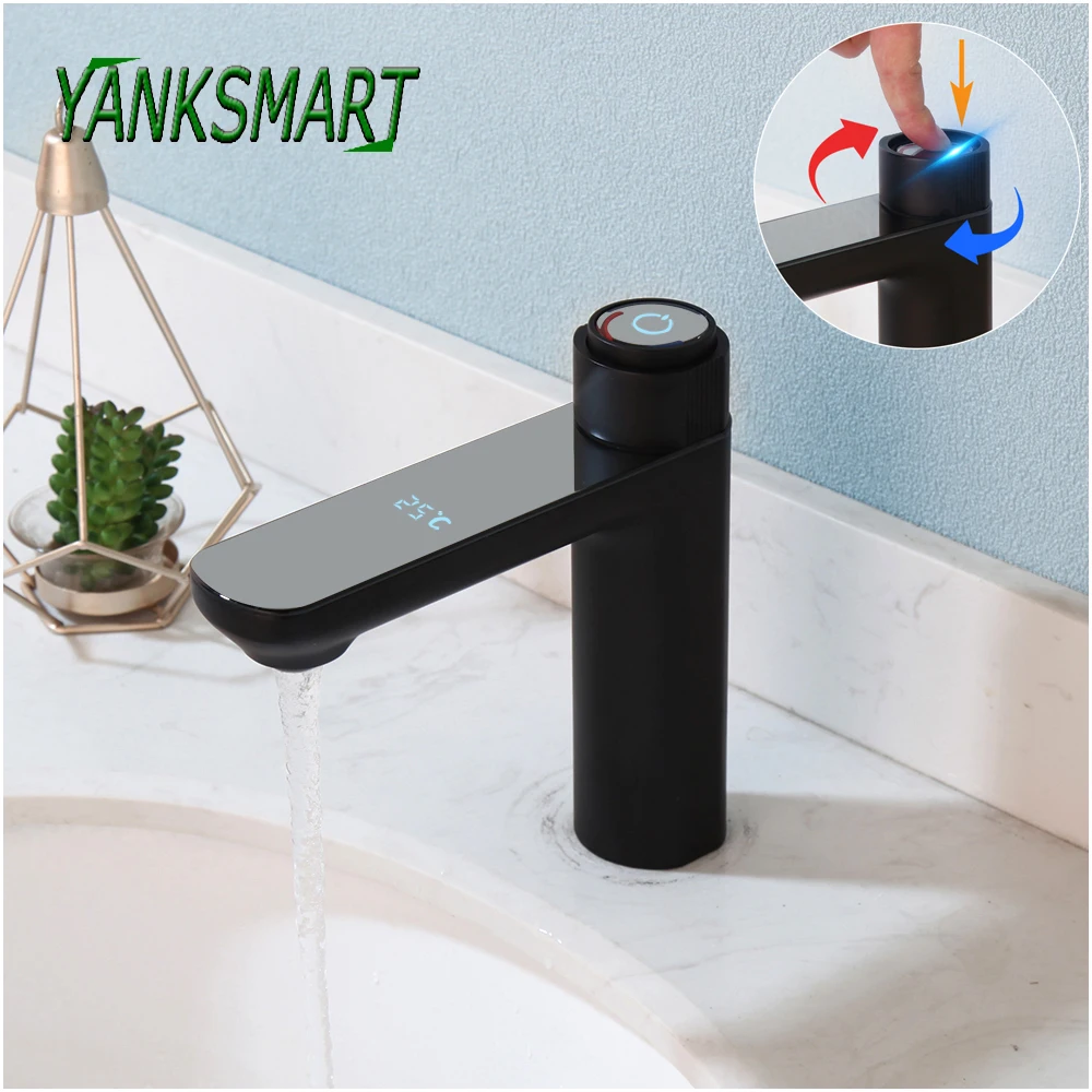 YANKSMART High-end Bathroom Faucet Temperature Display Deck Mounted Basin Sink Bathtub Faucets Rotary Switch Mixer Water Tap