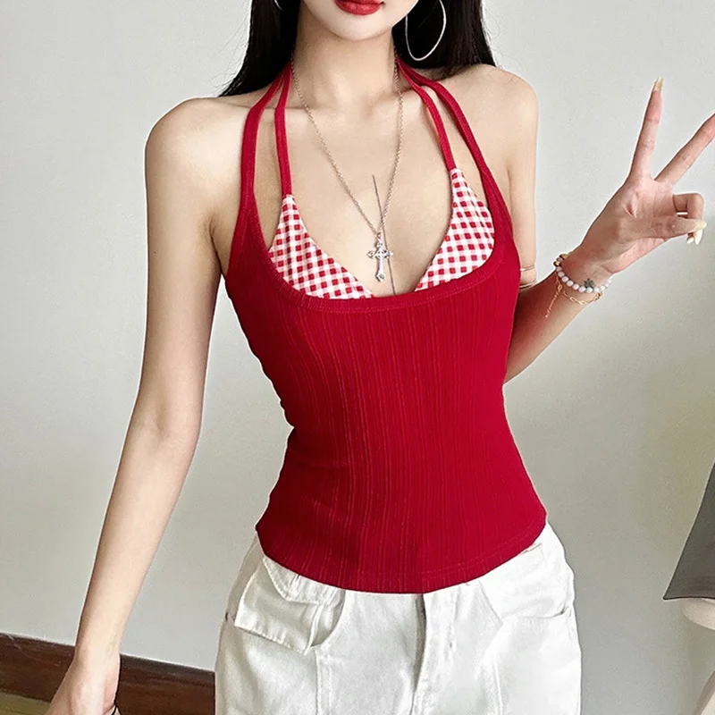 

Summer Y2K Sweet Girl Women's Simulated Fake Two piece Tank Top V-neck Slimming Open Navel Top Beach Vacation Party Tank Top